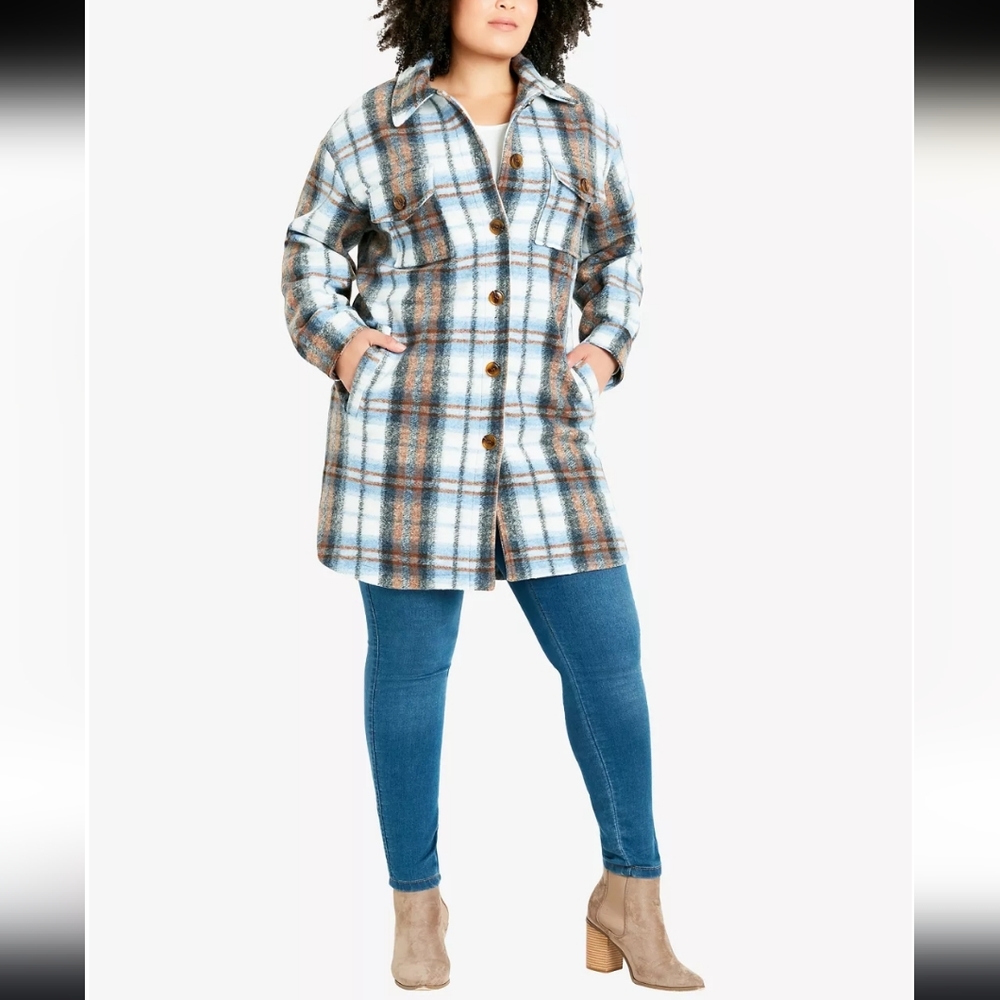 Joie Check Collared Plaid Shacket Jacket In Blue Brown Size Large NWOT